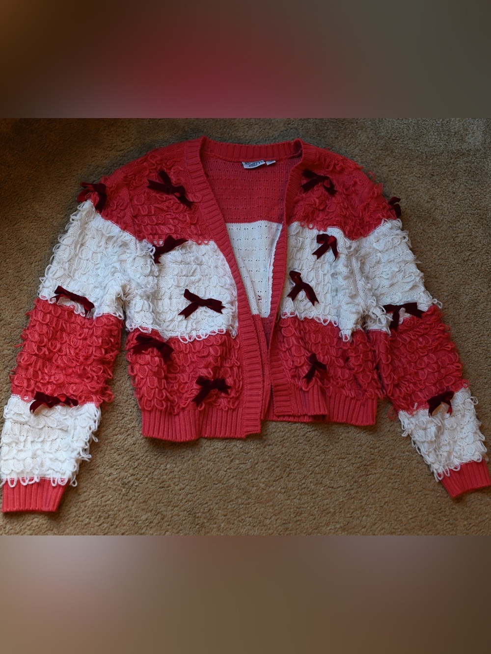 Mighty Fine Pink and White Loop-Knit Cardigan with Velvet Bows